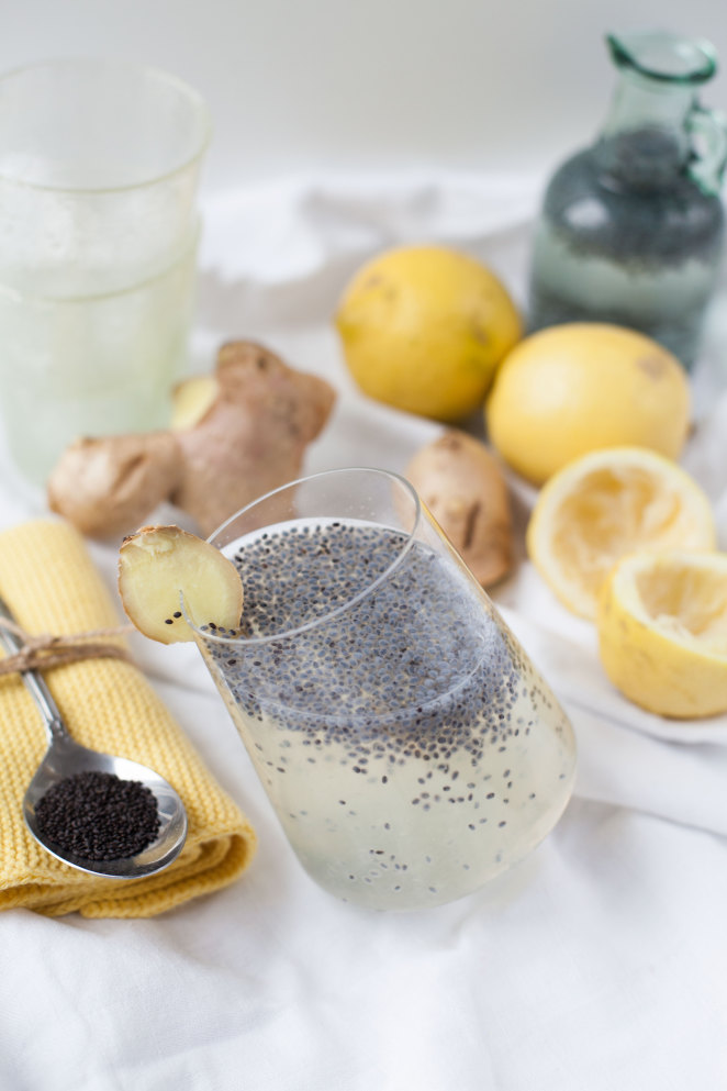 Ginger and Lemon Drink with Basil Seeds