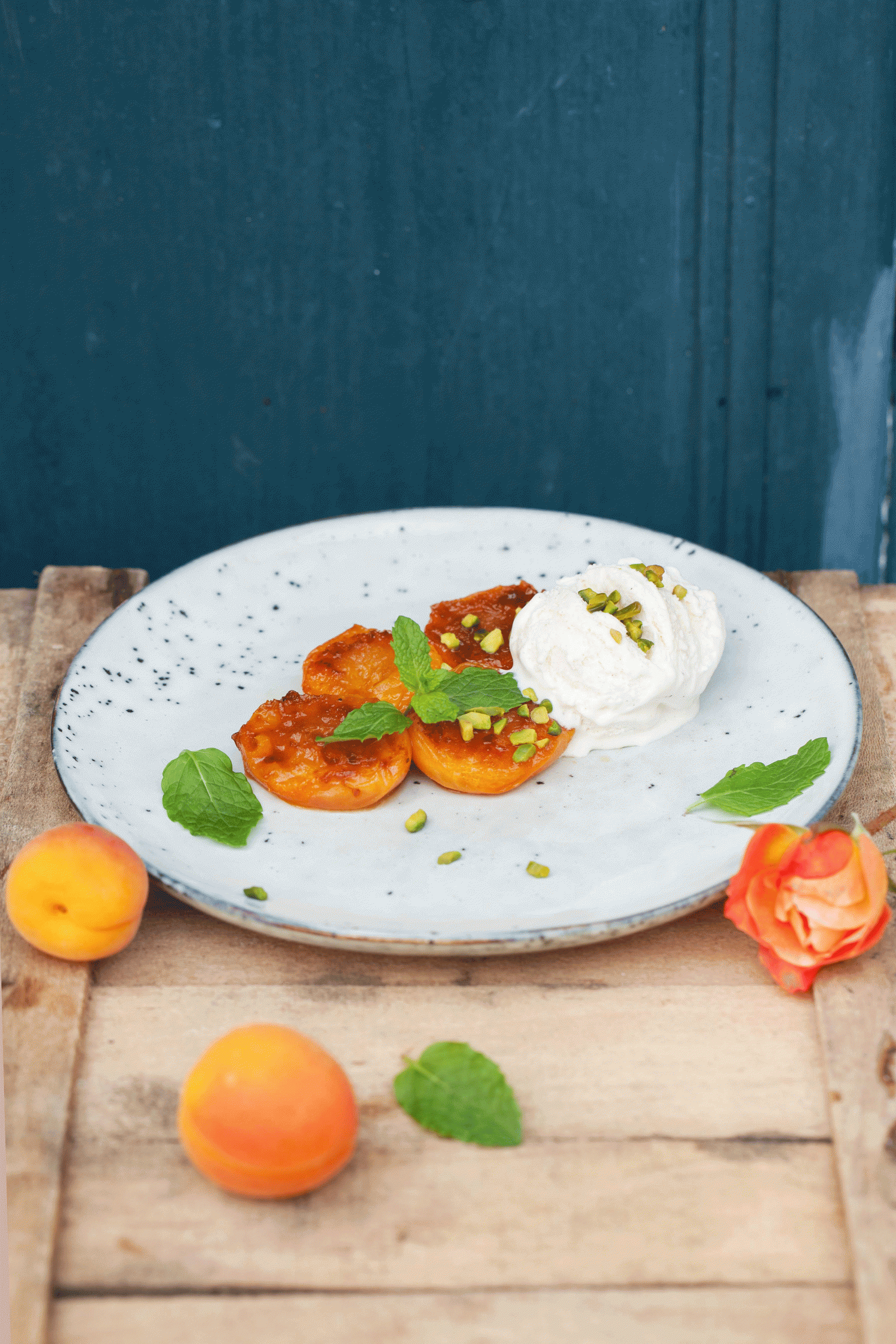 Grilled Apricot with Vanilla Ice Cream and Pistachios